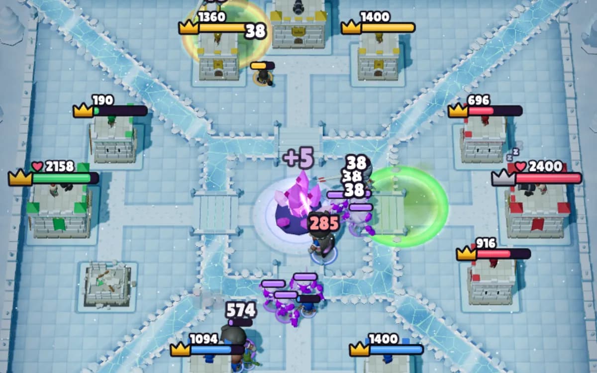 In-game screenshot of Crystal Raid: troops from four players attack the giant purple Crystal