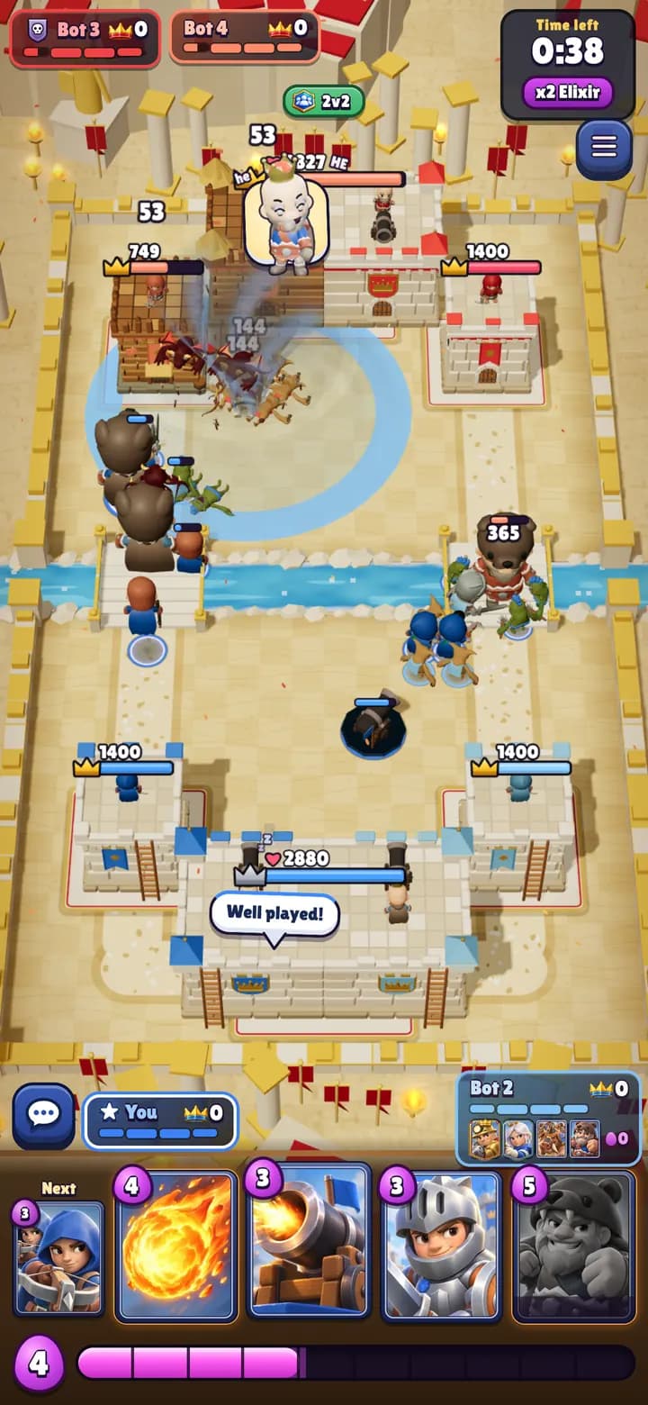 Full iPhone screen of a 2v2 battle with both teammates on the blue side