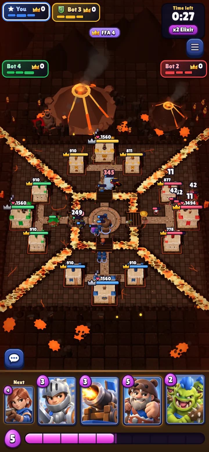 Full iPhone screen of a four-player Crossroads battle