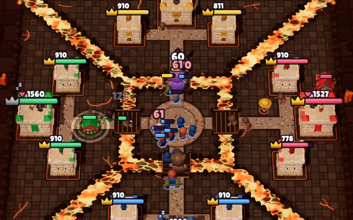 In-game screenshot of Crossroads: four castles on a square island with bridges meeting in the middle