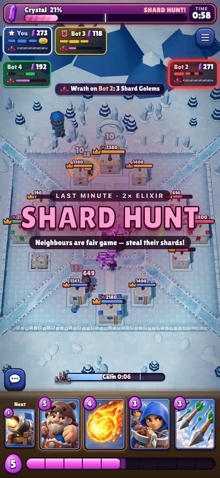 Full iPhone screen of Crystal Raid during the Shard Hunt, with every player's shard count