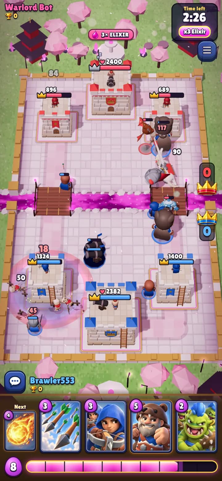 Full iPhone screen of a Triple Elixir event battle