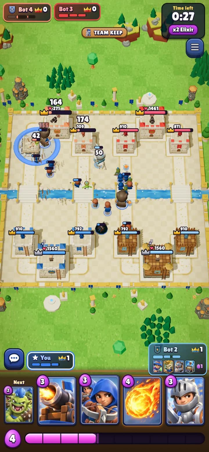 Full iPhone screen of a Keep Clash team battle