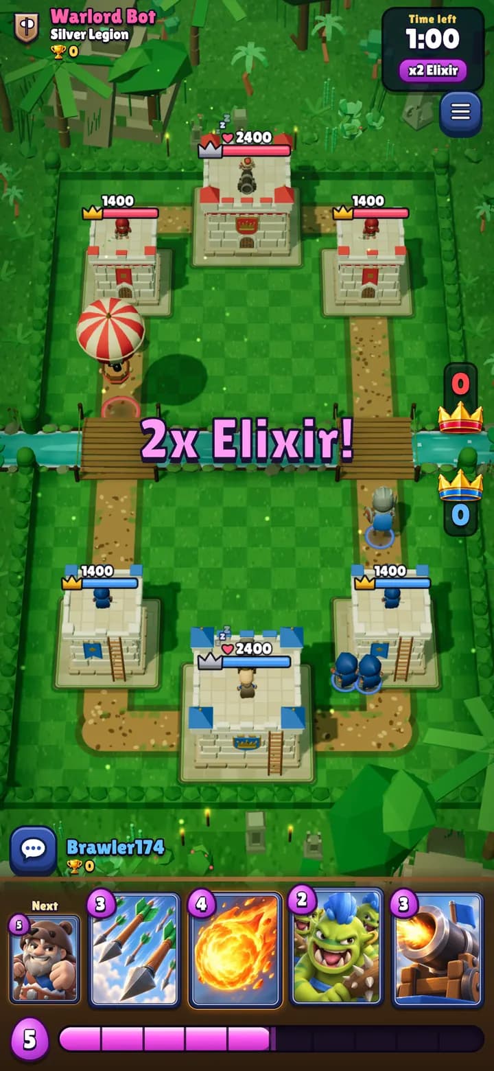 Full iPhone screen of a 1v1 battle with the card hand and elixir bar